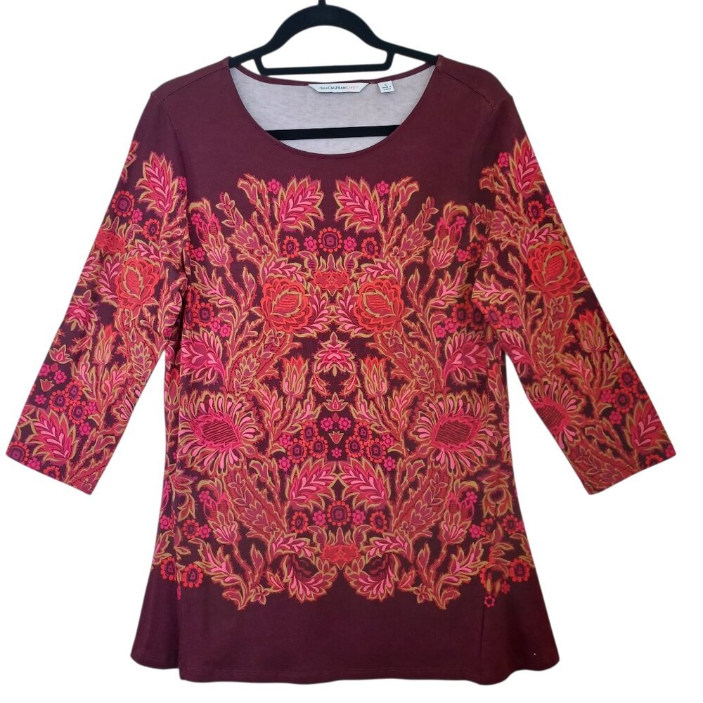 Isaac Mizrahi‎ Live Tee Shirt Long Sleeve Floral Border Print Soft Knit Womens S